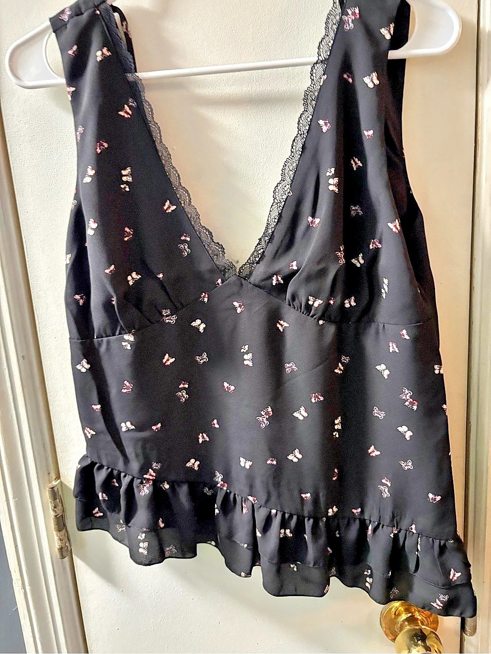 Wild Fable Butterfly Print Lace Trim Ruffle Hem Tank Top Black & Pink Medium